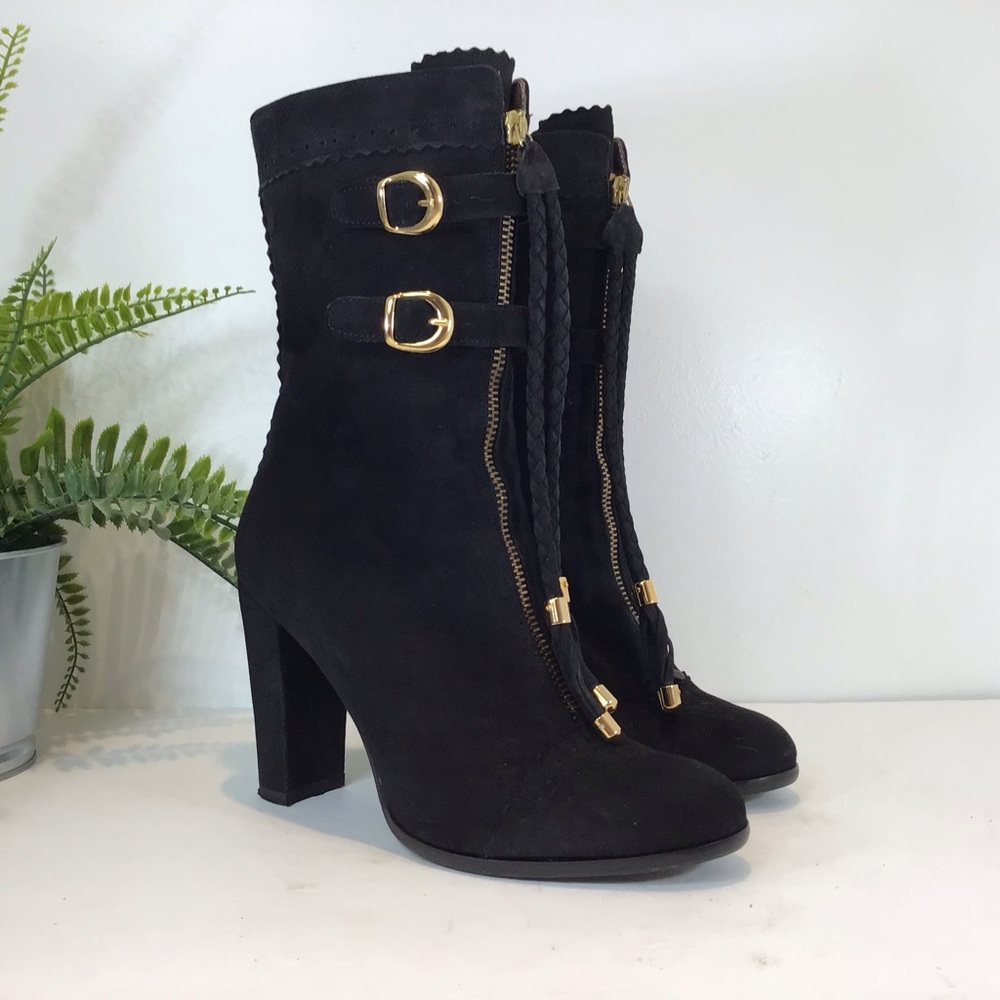 LUCA LUCA ITALY SUEDE LEATHER TALL ANKLE BOOTS BRAIDED BUCKLE ACCENTS  BLK SZ 8